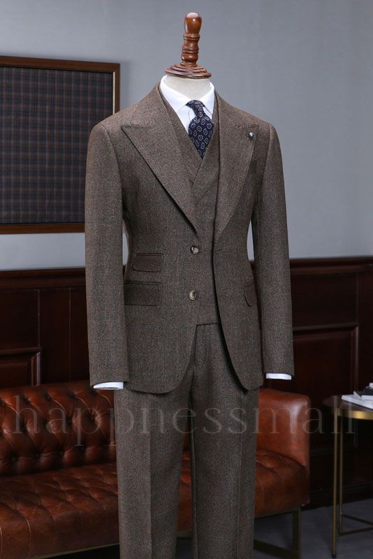 Claire Classical Coffee 3 Pieces Peaked Lapel Slim Fit Custom Suit For Men