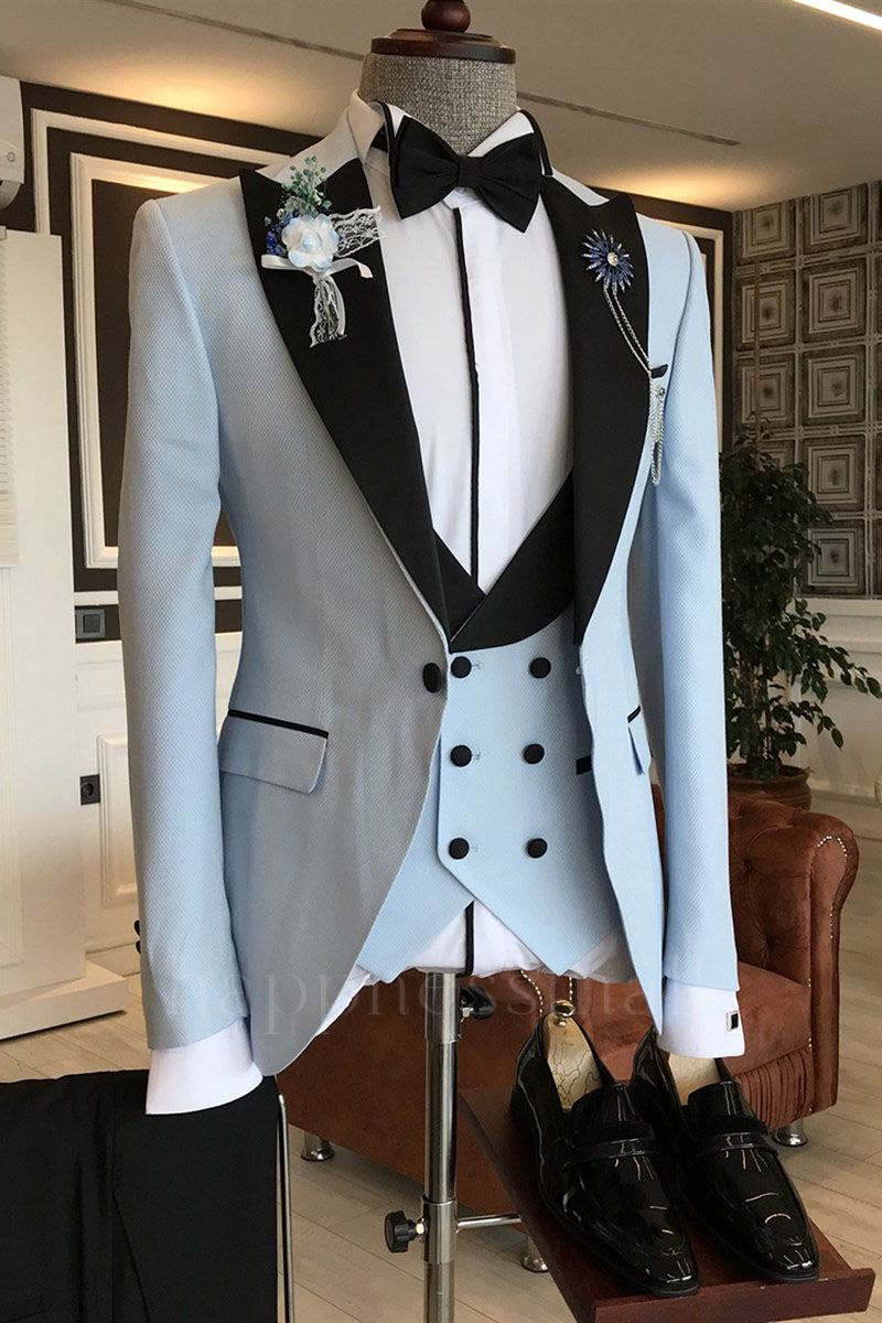 Elegant Shape Sky Blue 3-Pieces Black Peaked Lapel Slim Fit Prom Men Suits