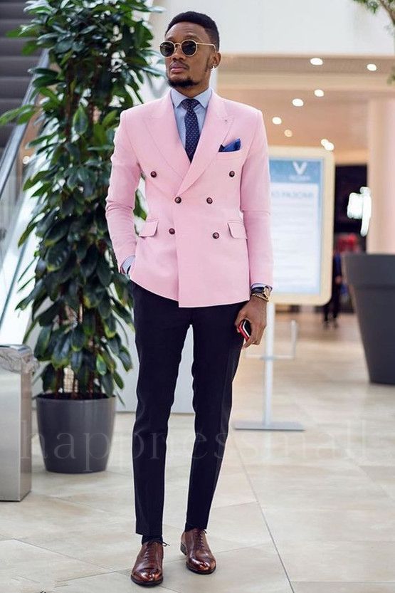 Pelagia Fashion Pink Double Breasted Peaked Lapel Slim Fit Men Suits