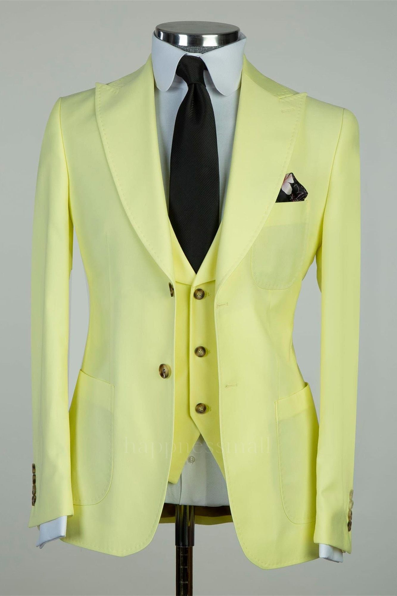 Happnessmall Chic Light Yellow  Three Pieces Peaked Lapel Men Business Suits