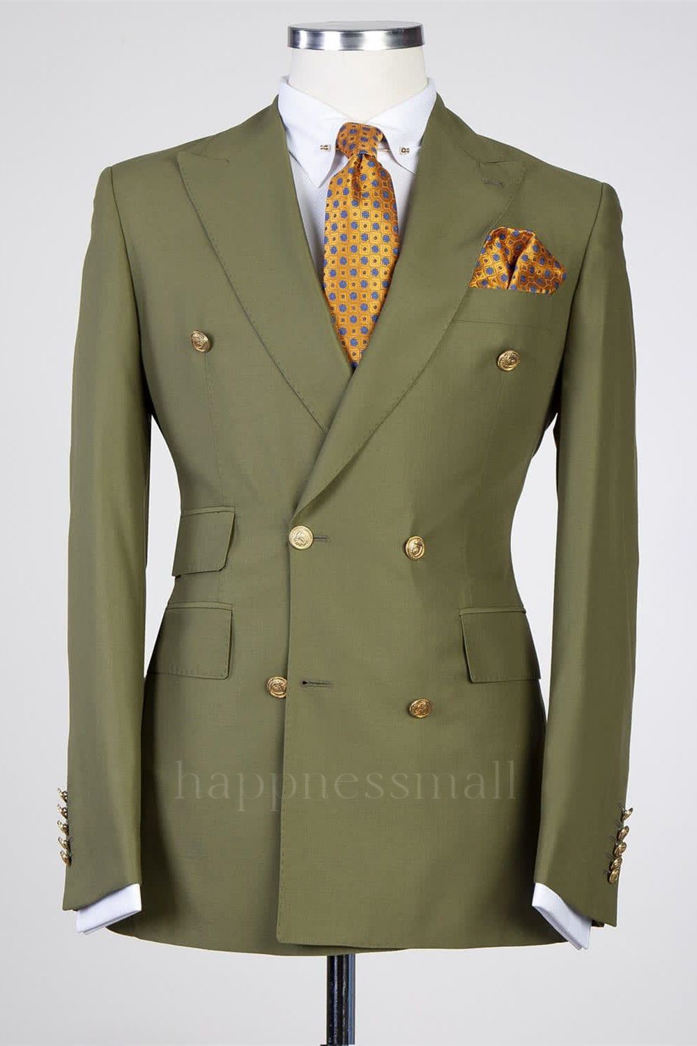 Stylish Olive Green Peaked Lapel Double Breasted Close Fitting Prom Suits