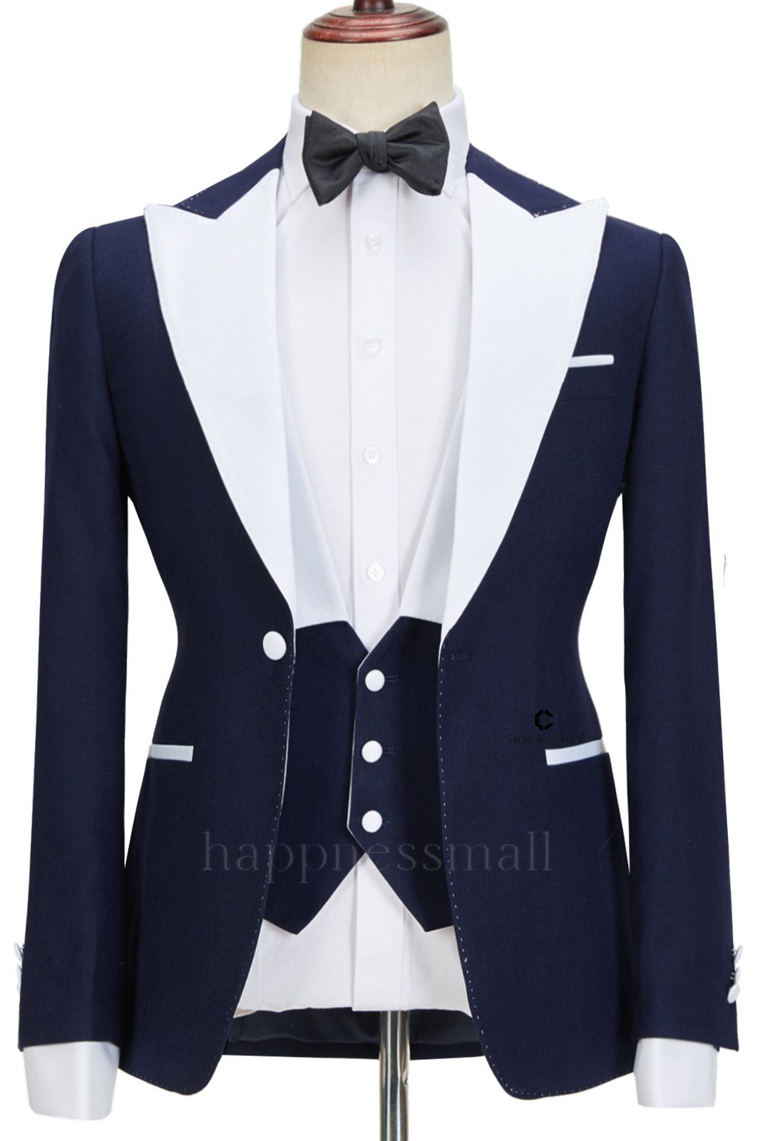 Stylish Navy Blue Slim Fit Peaked Lapel  Three Pieces Men suits | Happnessmall