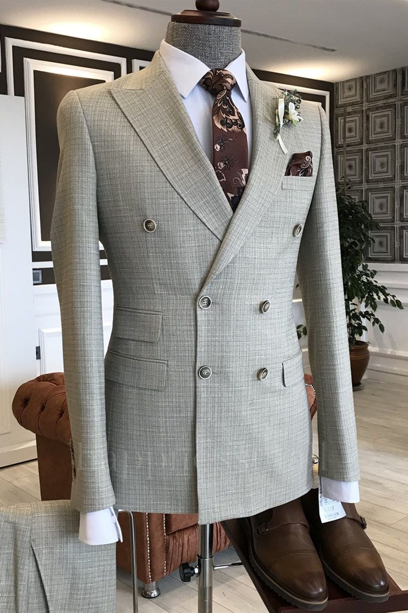 Livia Light Gray Small Plaid Peaked Lapel Double Breasted Business Suits For Men