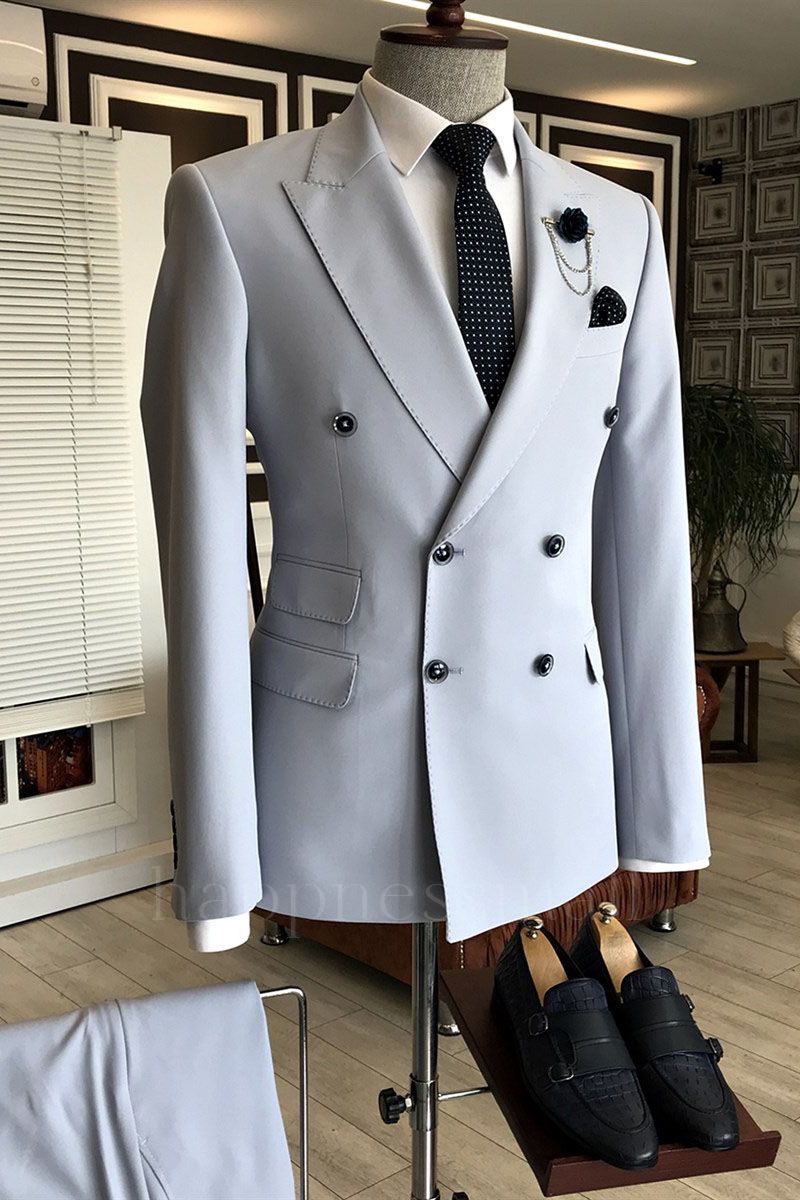 Fashion Grey Peaked Lapel Double Breasted Best Fitted Business Men Suits | happnessmall
