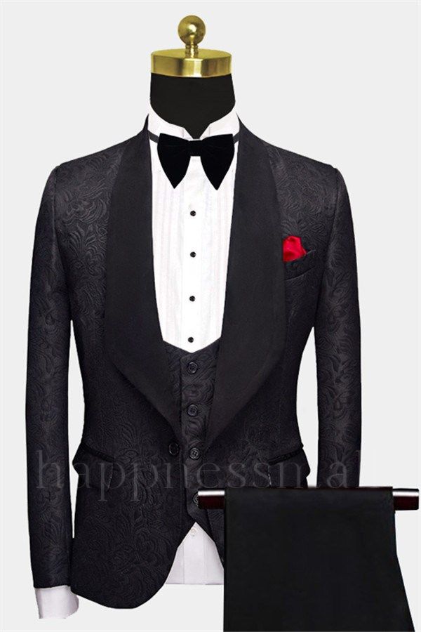 Classical Black Silk Shawl Lapel Men Suits For Business | Formal Three Pieces Jacquard Wedding Suits