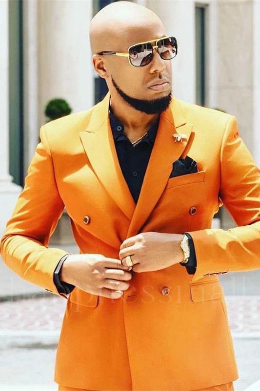 Evangelia Stylish Orange Peaked Lapel Slim Fit Prom Men Suits