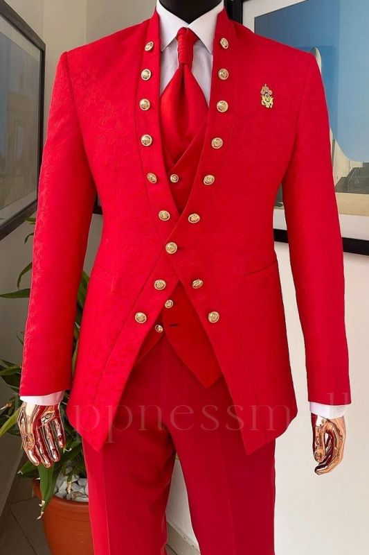 Happ Fashion Special Design Red Shawl Lapel Three Pieces Prom Suits