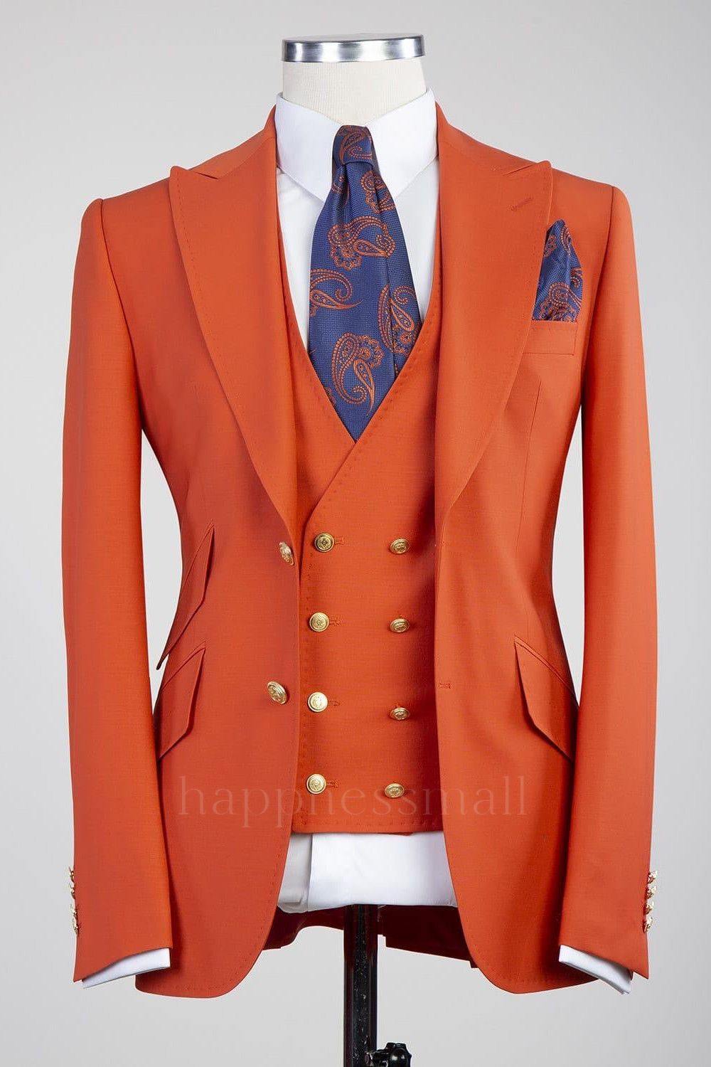 Penelope New Orange Peaked Lapel Slim fit Three Pieces Men Suits
