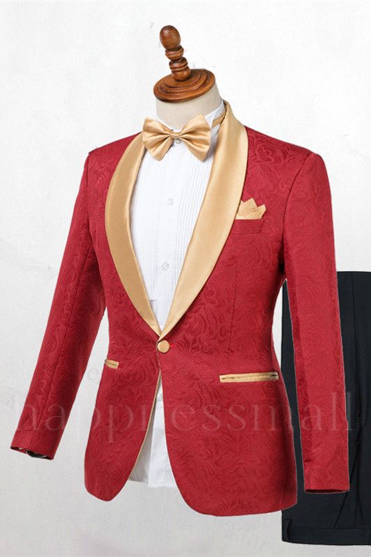 Wilder Popular Red Jacquard One Button Wedding Men Suits with Gold Lapel