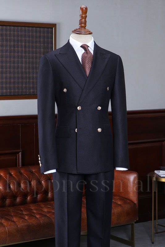 Maverick Elegant Navy Blue Double Breasted Business Suit With Peaked Lapel