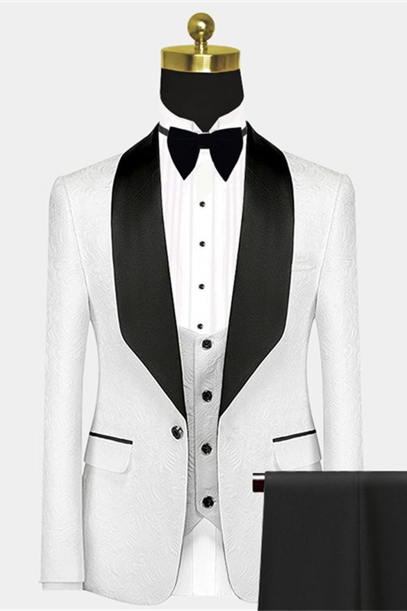 Popular black satin lapel jacquard one button white wedding dress tailcoat