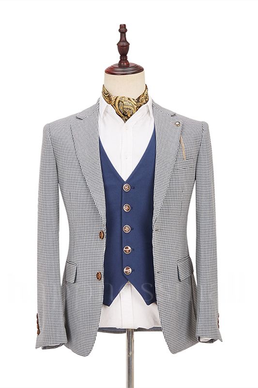 Classical Black-and-White Plaid Slim Fit 3 Piece Men's Suit with Denim Blue Waistcoat