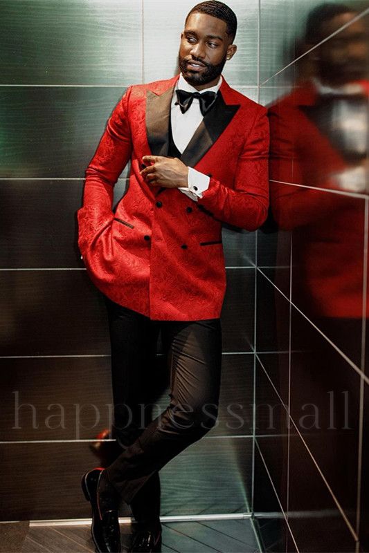 Noah Hot Red Double Breasted Fashion Jacquard Men's Wedding Suit