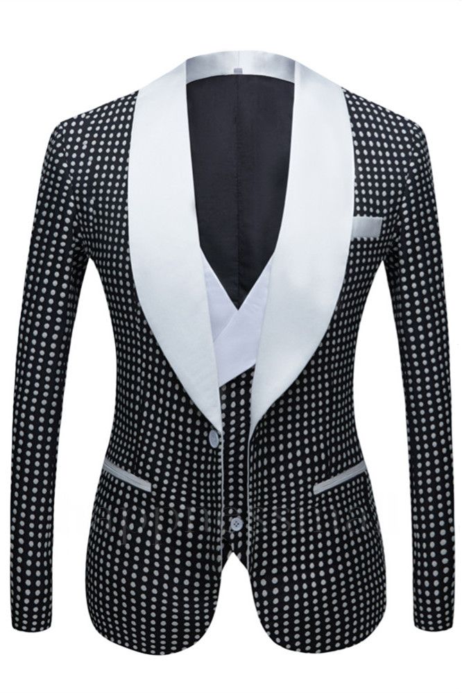 Unique black polka dot single button wedding groom set with shawl and lapel