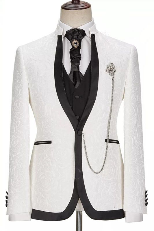 White One Button Three Pieces Slim Fit Jacquard Wedding Suits | Happnessmall