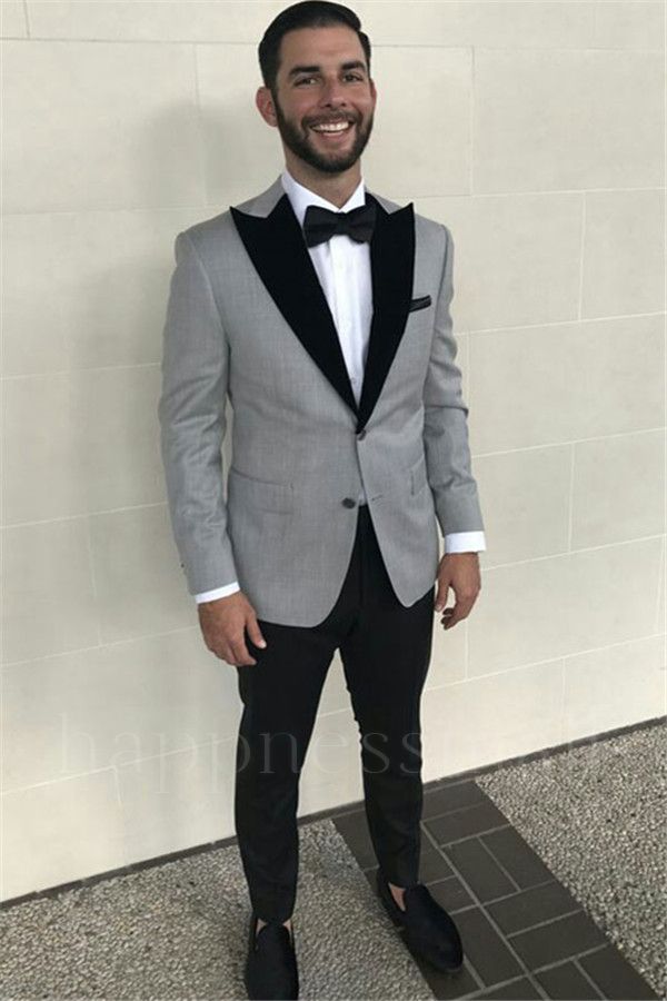 Silas High Quality Grey Slim Fit Business Mens Suits with Black Peaked Lapel