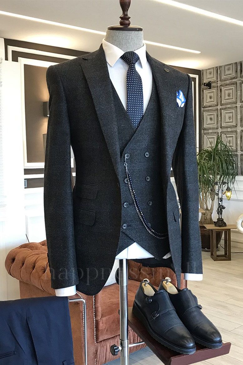 Modern Formal Black Plaid 3-Pieces Regular Bespoke Business Suits For Men