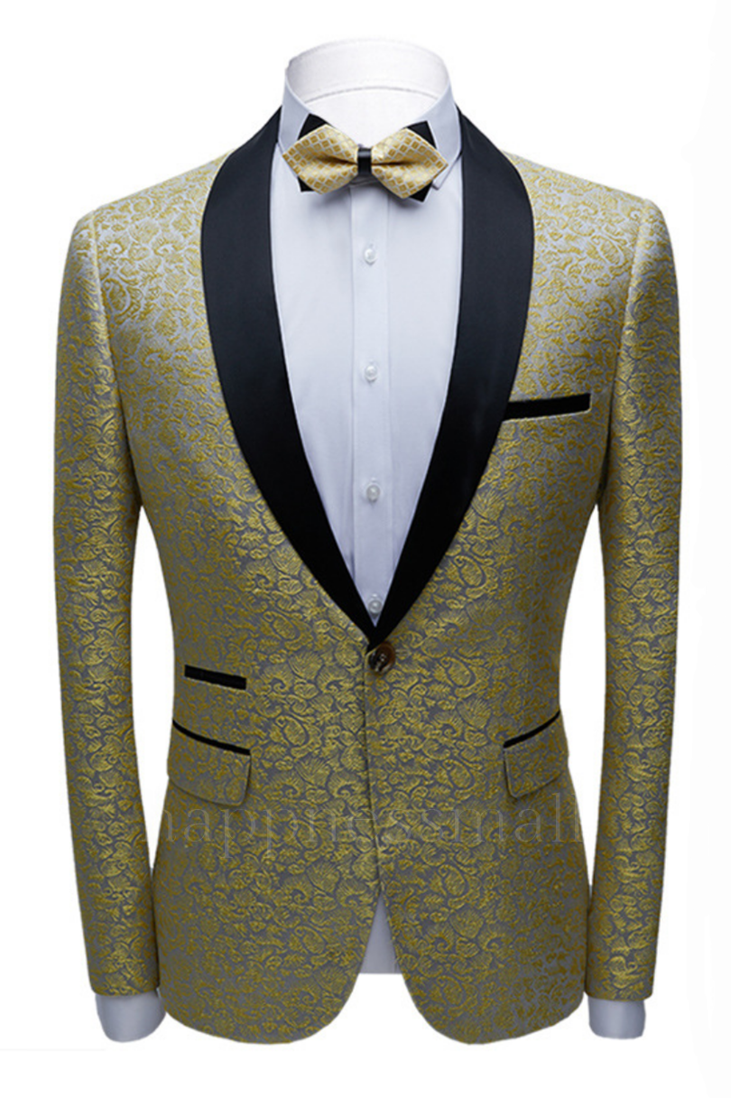 Gold Jacquard Men's Wedding Tuxedos | Special Design Black Satin Shawl Lapel Prom Suits