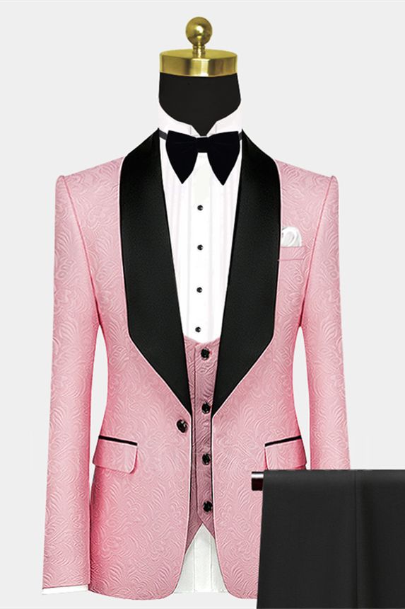 Fashionable pink one button groom set | black satin shawl men's wedding suit