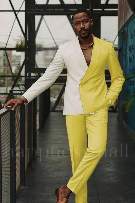 Elio Chic White And Yellow Slim fit One Button Lastest Prom Men Suits