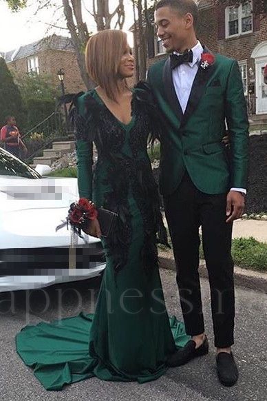 Kael Dark Green 2 Piece Men's Suits for Prom |  Black Satin Lapel Wedding Tuxedo
