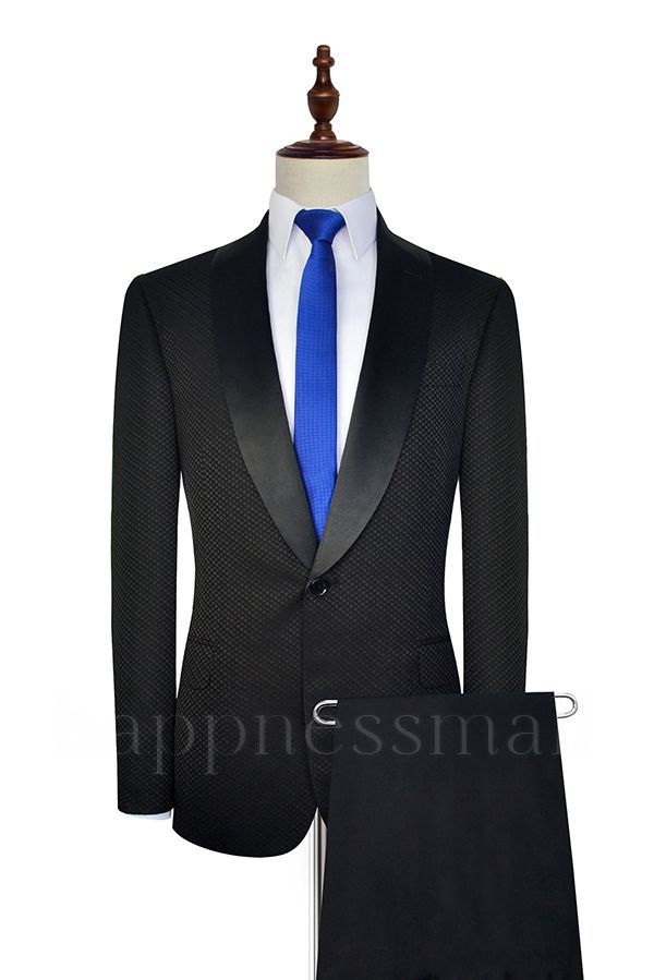 Happ Chic Black Small Check Pattern Jacquard Mens Suits For Wedding And Prom
