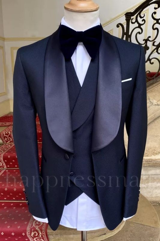 Modern Custome Navy Blue Shawl Lapel Three Pieces Wedding Suits