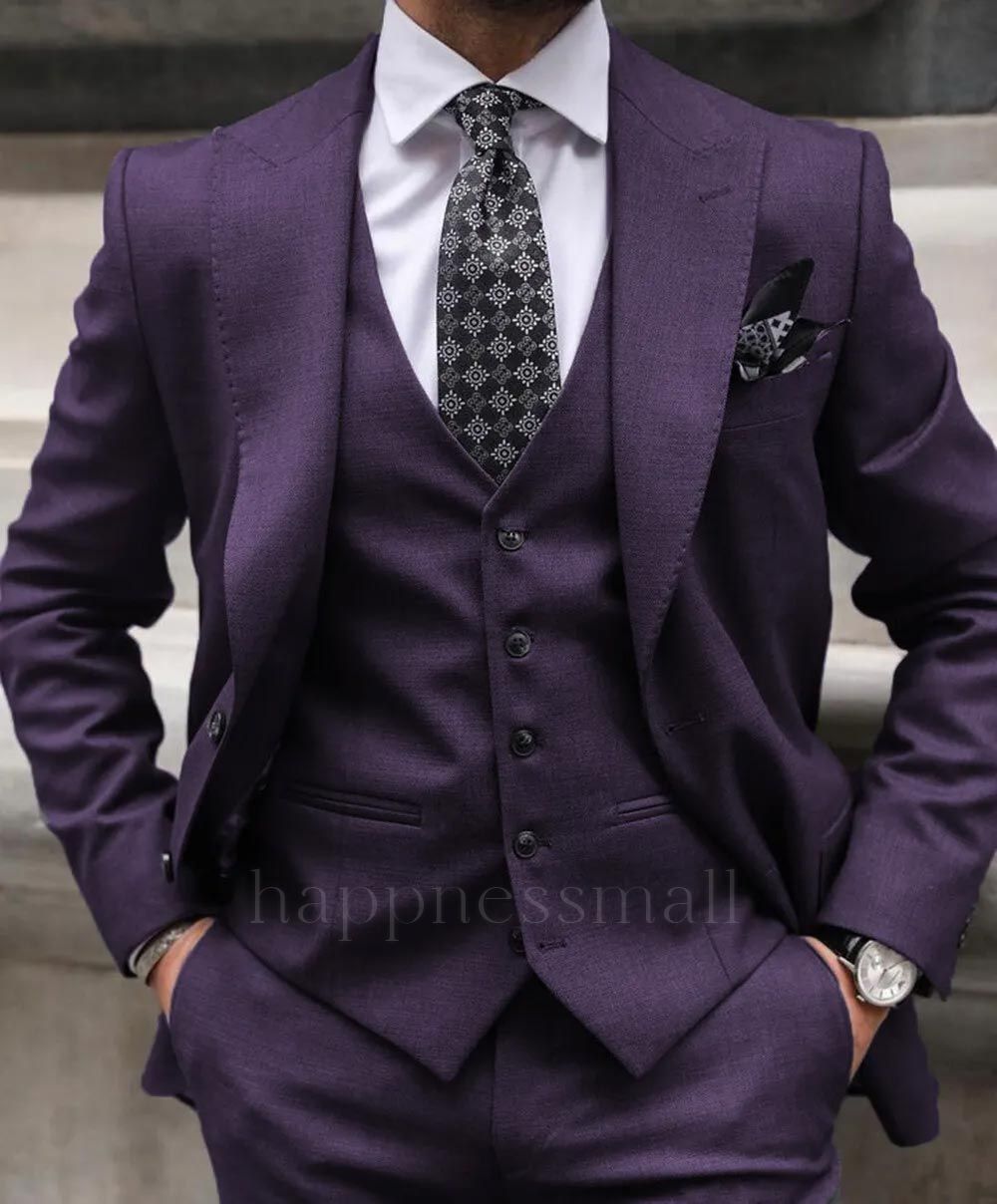 Best Purple 3 Pieces Peak Lapel Men Suits | Happnessmall