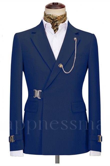 Advanced Navy Blue Notched Lapel Business Men Suits with Buckle