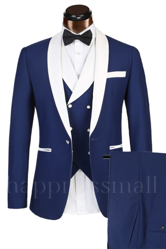 Classical 3 Piece White Lapel Edge Banding Formal Blue Men's Suit For Wedding