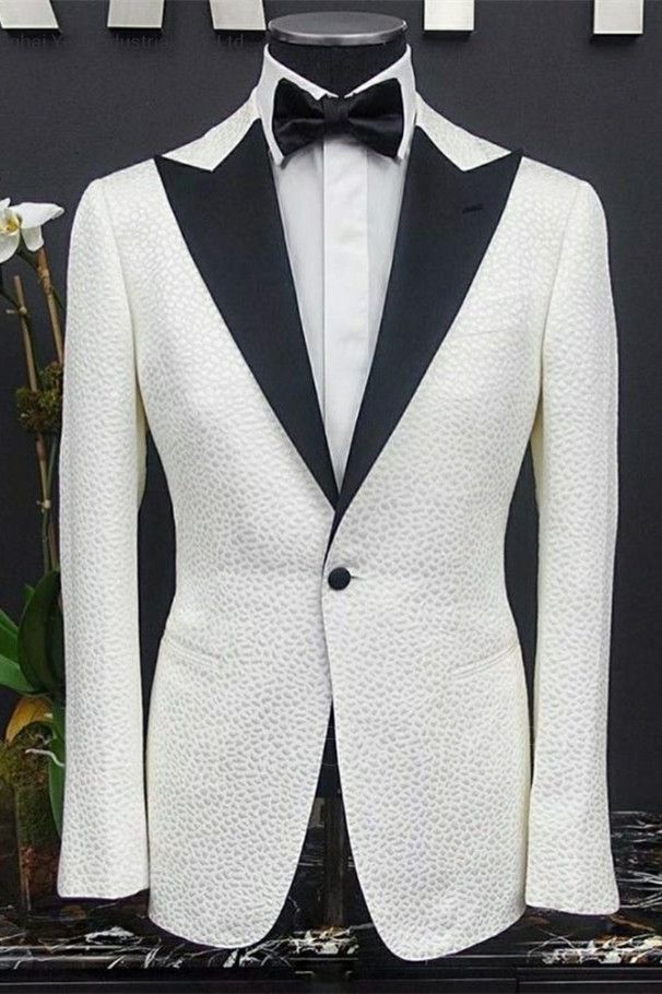 Happnessmall Stylish White Peaked Lapel One Button Slim Fit Wedding Groom Suits