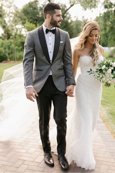 Orion Stylish Gray One Button Men's Wedding Suit With Black Shawl Lapel