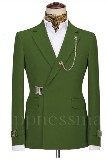 Fashion Green Special Button Notched Lapel Two Pieces Men Suits with Buckle