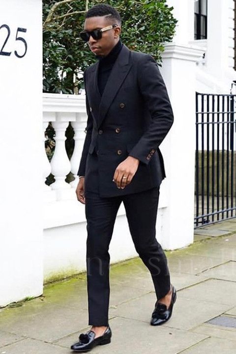 Theodora All Black Peaked Lapel Double Breasted Fashion Men Suits