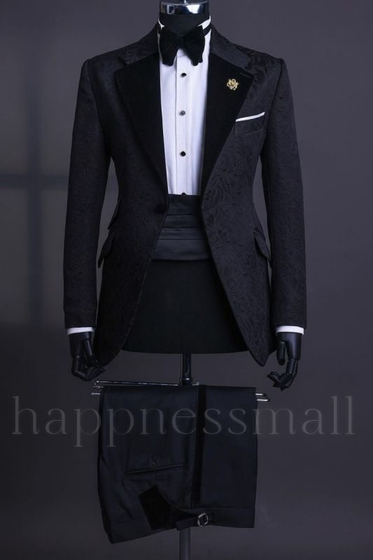 Tassos Popular Black Jacquard Notched Lapel Two Pieces Prom Suits
