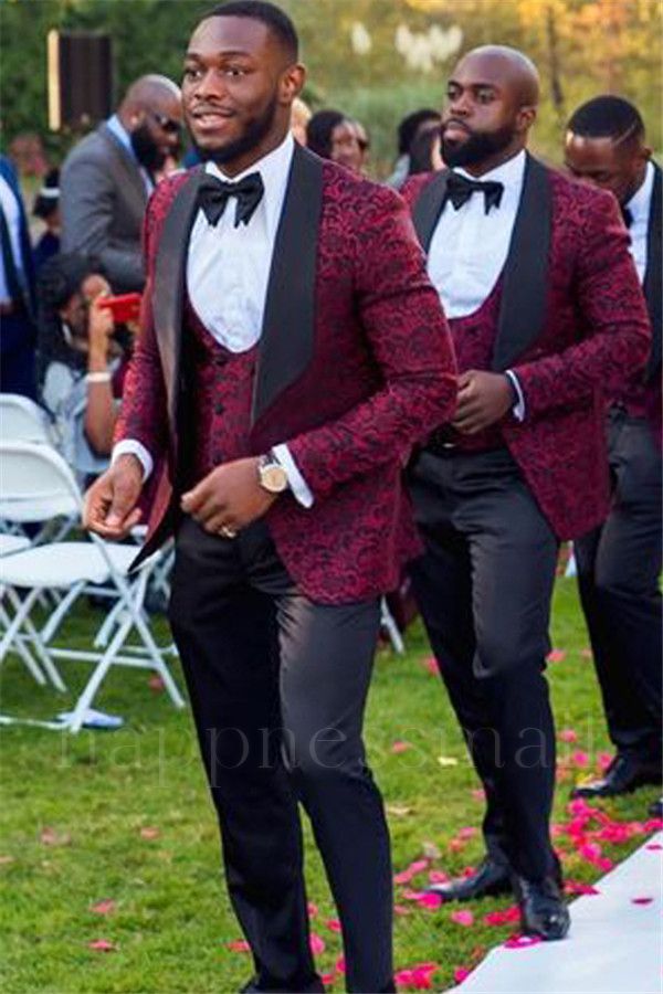 New Red Jacquard Three-Piece Shawl Lapel Wedding Groomsmen Suits