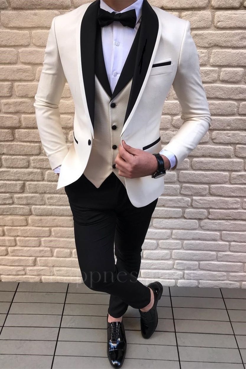 Fashion Black-and-white Shawl Lapel 3 piece Tuxedos with Waistcoat