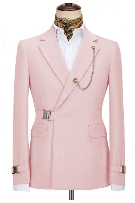 Fashion Pink Notched Lapel Special Button Two Pieces Businees Men Suits with Buckle