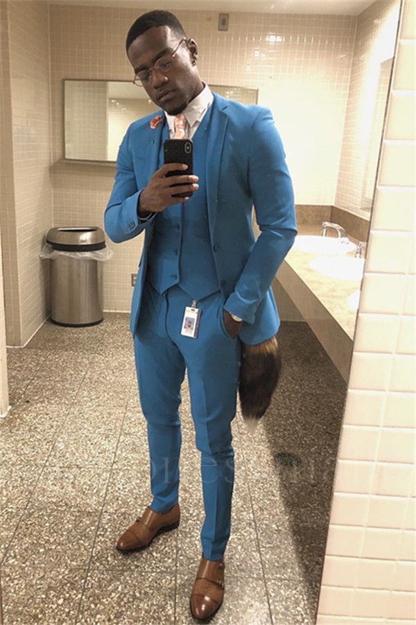 Stellan  Ocean Blue Three-Piece Slim Fit Notch Lapel Solid Color Men's Suit for Prom