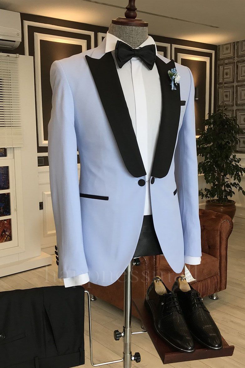 Wilder New Sky Blue One Button Slim Fit Men Suits Mixed Black Peaked Lapel