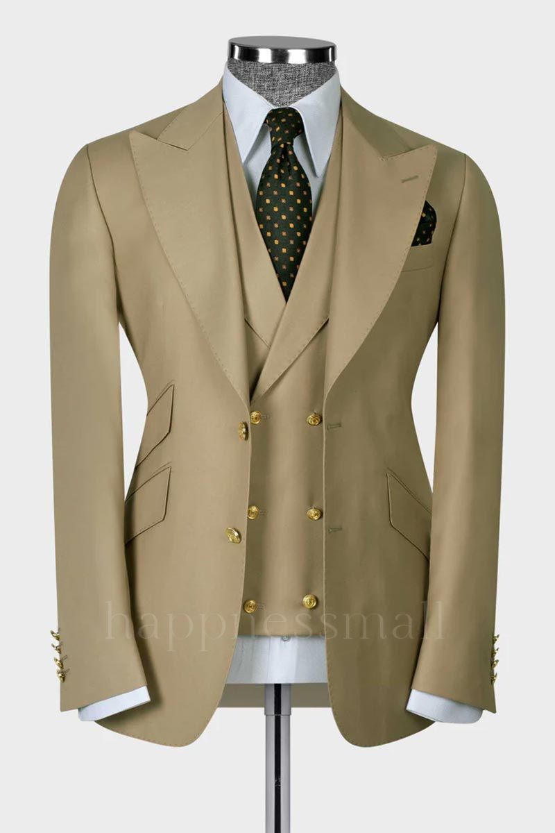 Stylish Khaki 3 Piece Peaked Lapel Slim Fit Men Suits With Classic Vest