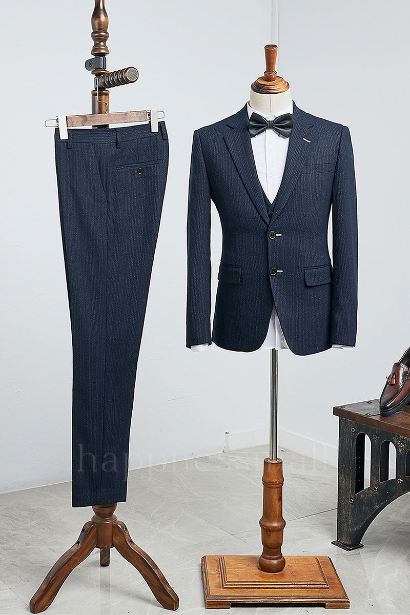 Ella New Arrival Formal Navy Blue Striped 3 Pieces Custom Business Suit