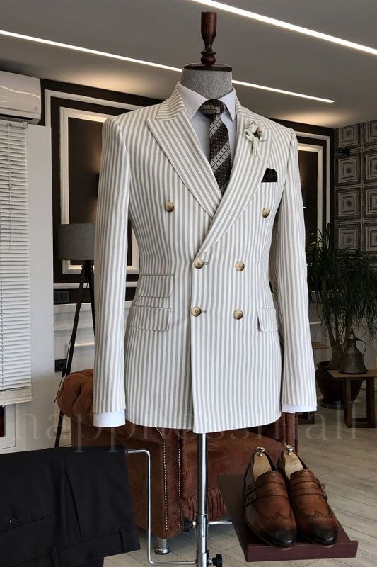 Henry Light Gray Striped Double Breasted Peaked Lapel Two Piece Men'S Suits