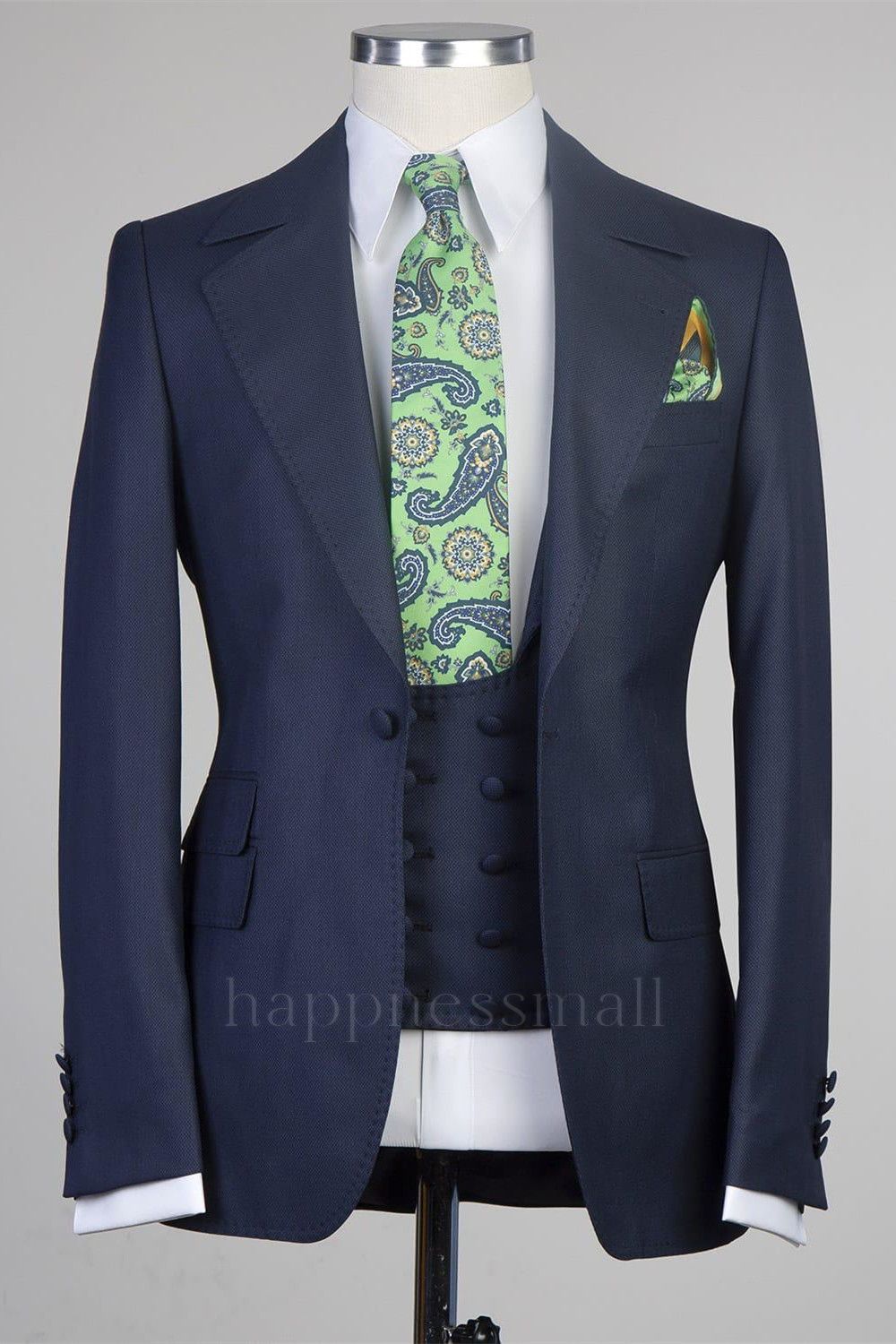 Sterling Unique Navy Three Pieces One Button Peaked Lapel Men Suits