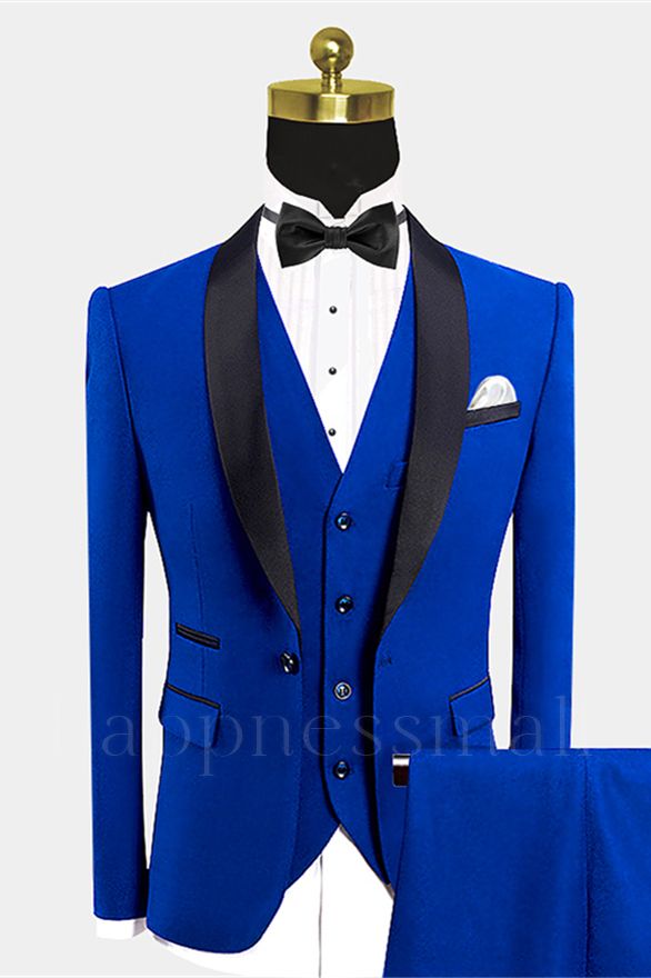 Modern Blue One Button Groom Set | Black satin shawl men's wedding suit
