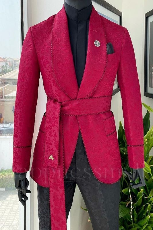 Modern Red Shawl Lapel Two Pieces Jacquard Wedding Suits | Prom Suits with Belt