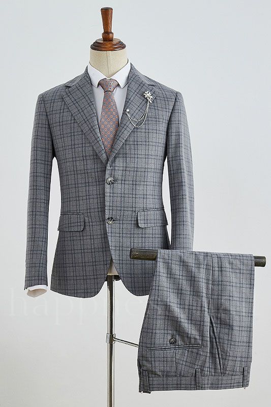 Lysandra Stylish Gray Plaid Slim Fit Tailored Business Suit For Men