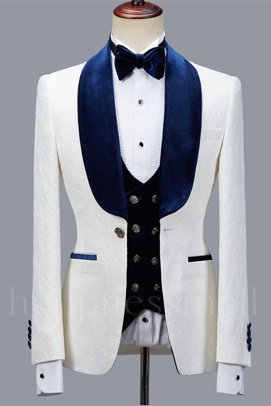 Prokopiou White Chic Jacquard Three Pieces Wedding Suit With Velvet Lapel