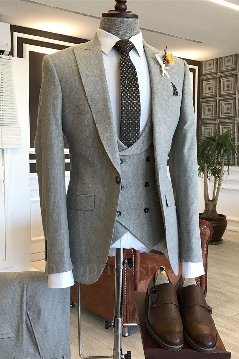 Happnessmall Trendy Light Gray Peaked Lapel Man's Business Suits