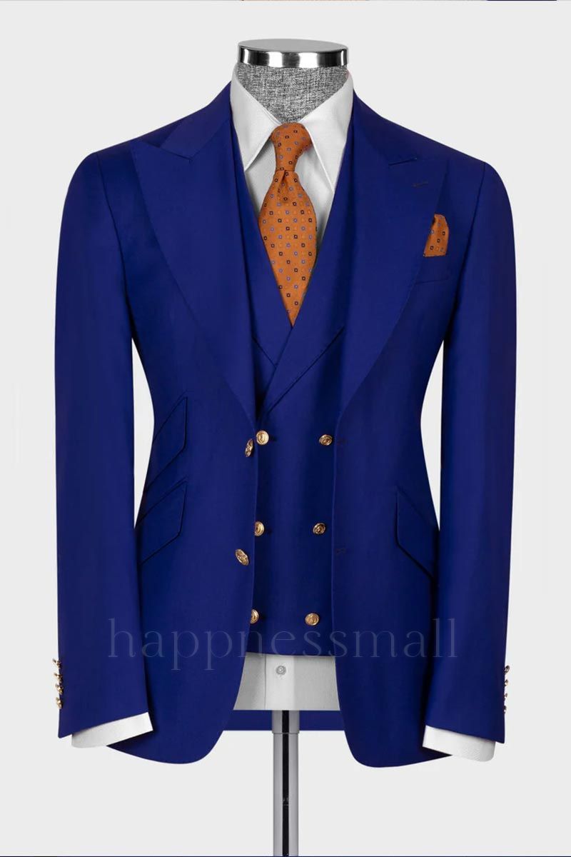 Popular Royal Blue 3 Piece Peaked Lapel Slim Fit Men Suits With Classic Vest